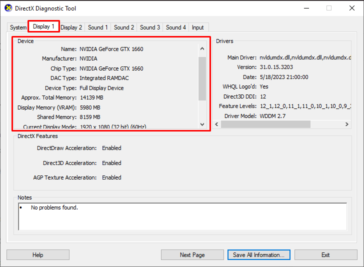 Screenshot showing the DirectX Diagnostic tool, with Display settings on the left hand side.