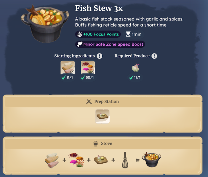 A menu from Palia that shows the Fish Stew item, a description for it, as well as how to make it.