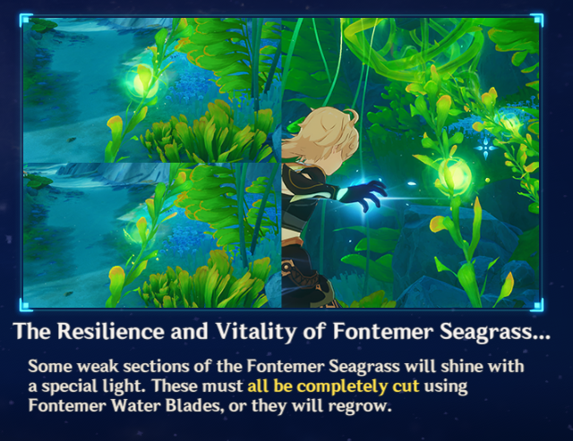 Genshin Impact tutorial menu explaining how Fontemer Seagrass can be cut.