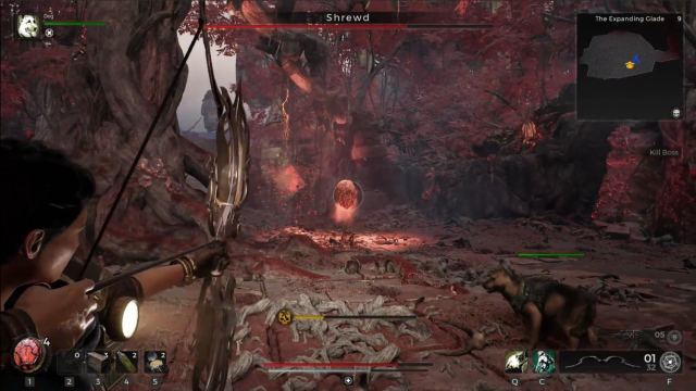 A screenshot of the Shrewd boss with a character holding a bow in the foreground.