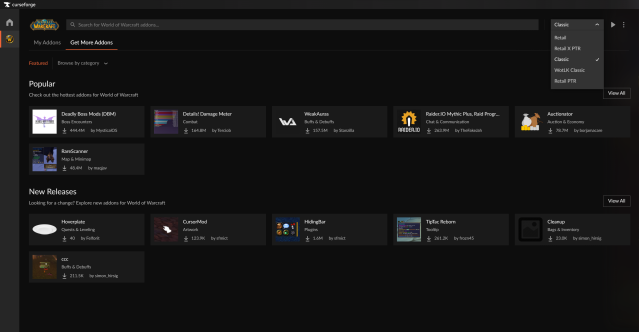 Screenshot of the Curseforge client for World of Warcraft.