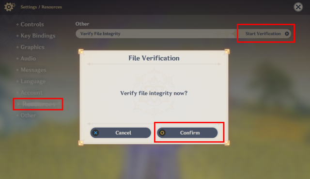 Screenshot highlighting settings to launch Files Verification.