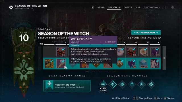 A screenshot of Season of the Witch's season pass in Destiny 2.