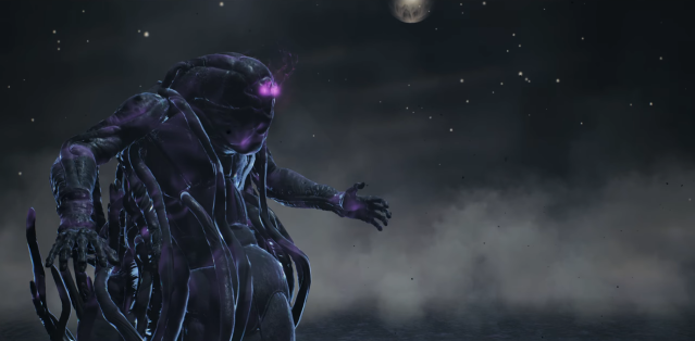 A purple tentacle beast with a glowing eye emerges from the dark and mist in Remnant 2.