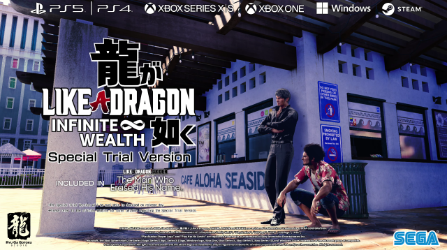 Kazuma Kiryu and Ichiban Kasuga, both rocking new outfits, pose next to a cafe in Hawaii.