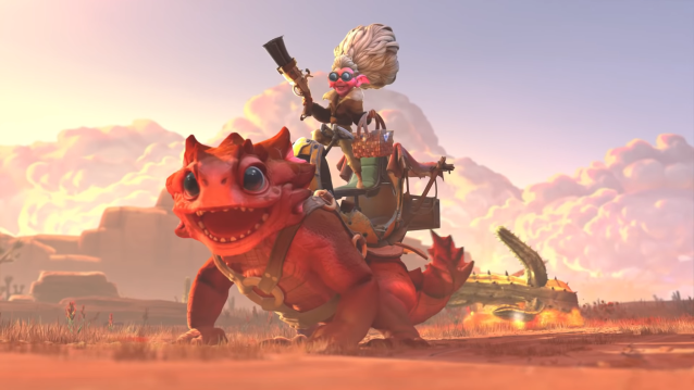 An old lady sits wielding a shotgun atop a dragon-like mount in the desert as a cactus falls over behind her.