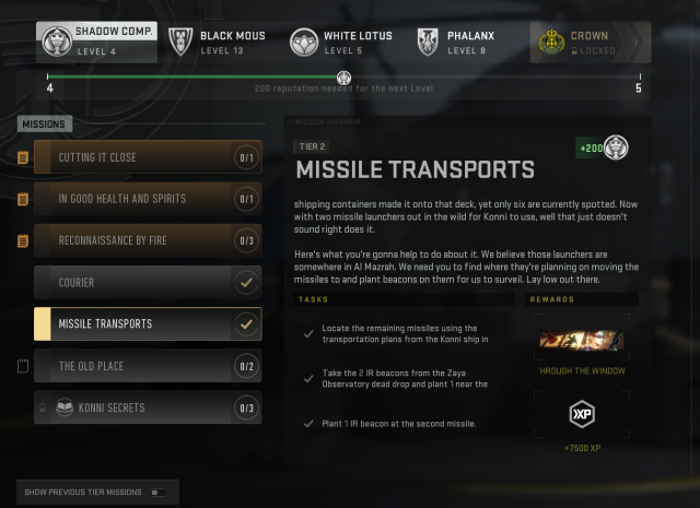 A screenshot of a DMZ mission guide for Missile Transports in Call of Duty.