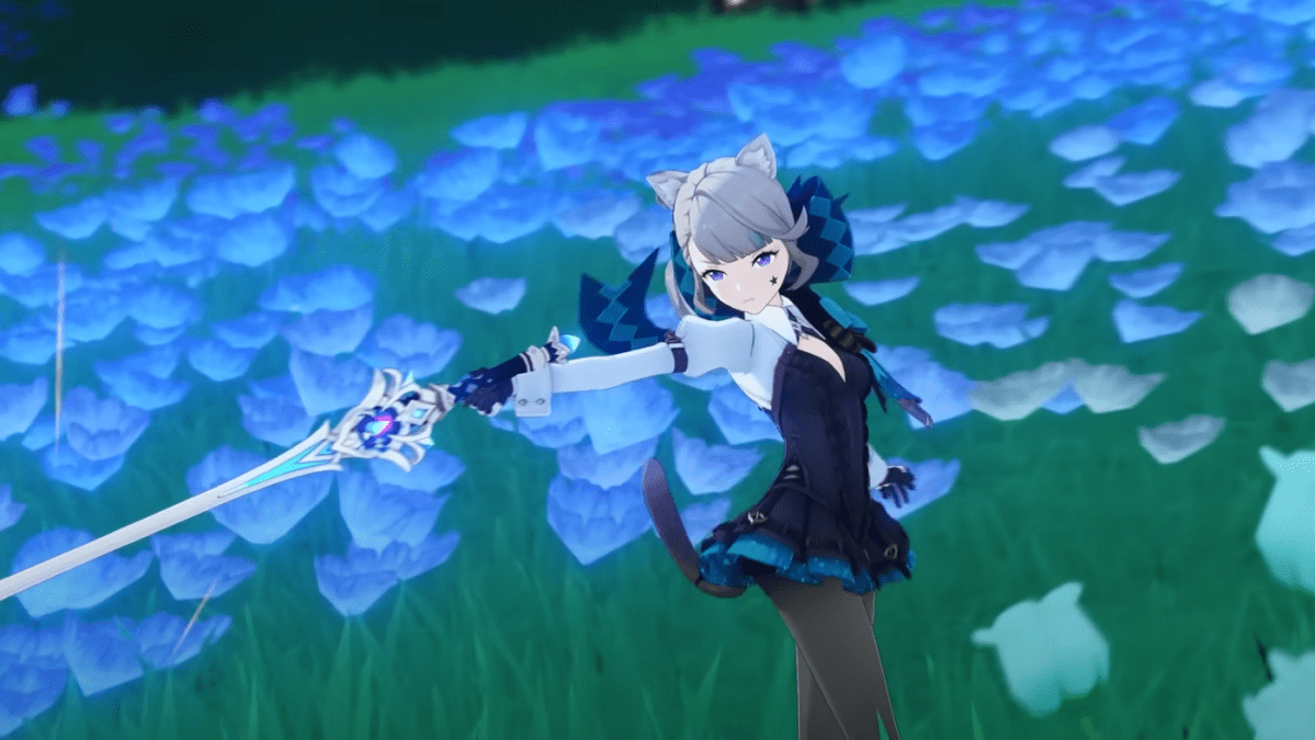 A blonde-haired girl wielding a sword in a field of flowers.