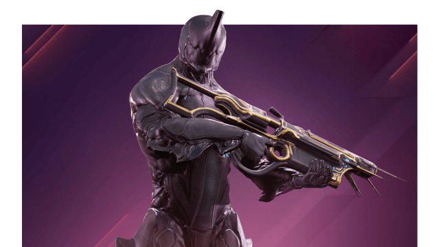 An Excalibur holding the new Gotva Prime rifle, which looks like an Aelok.