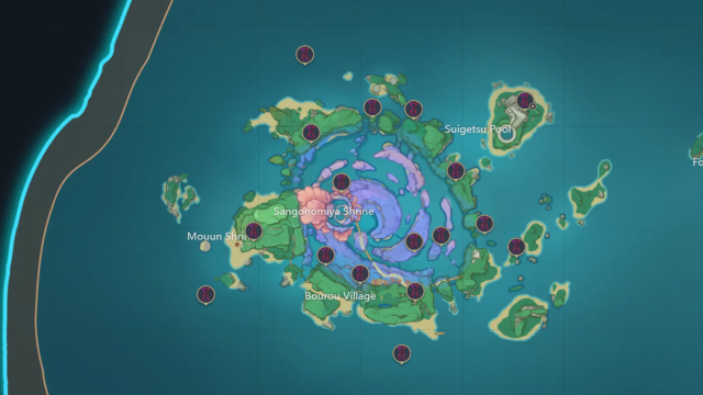 A map of Inazuma with the Time Trials marked.