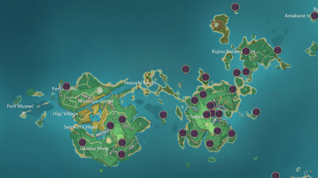 A map of Inazuma with the Time Trials marked.