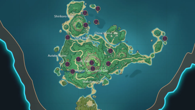 A map of Inazuma with the Time Trials marked.