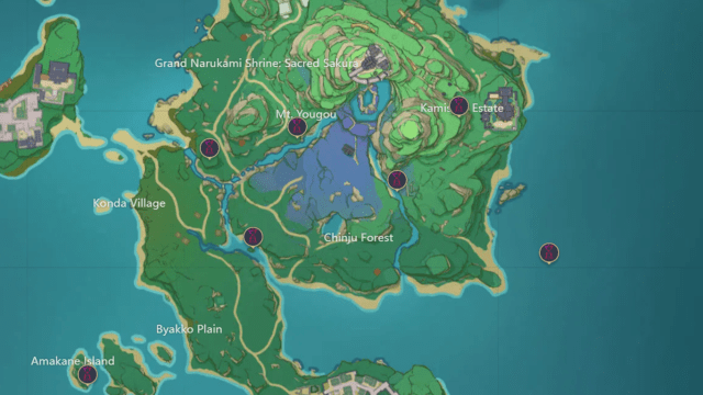 A map of Inazuma with the Time Trials marked.
