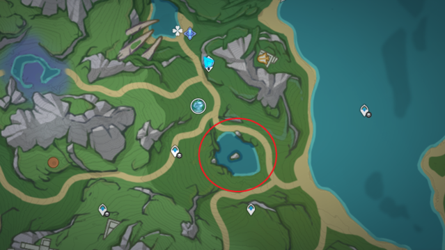 A map of the Elynas region with the boiling lake circled.