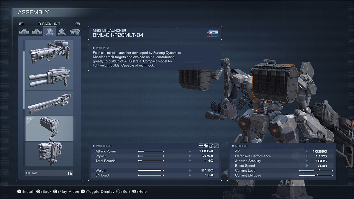 A menu screen for the BML-G1/P20MLT-04 Four-Cell Missile Launchers in Armored Core 6.