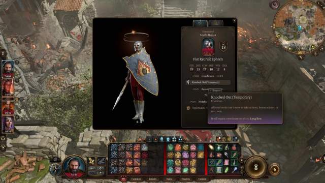 The BG3 details screen showing an NPC knight with a giant shield knocked out from non-lethal damage