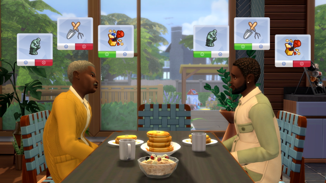 Two Sims not getting along while eating breakfast at a table.