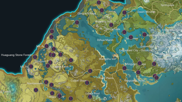 A map of Liyue with the Time Trials marked.