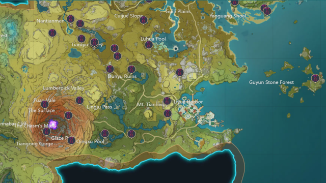 A map of Liyue with the Time Trials marked.
