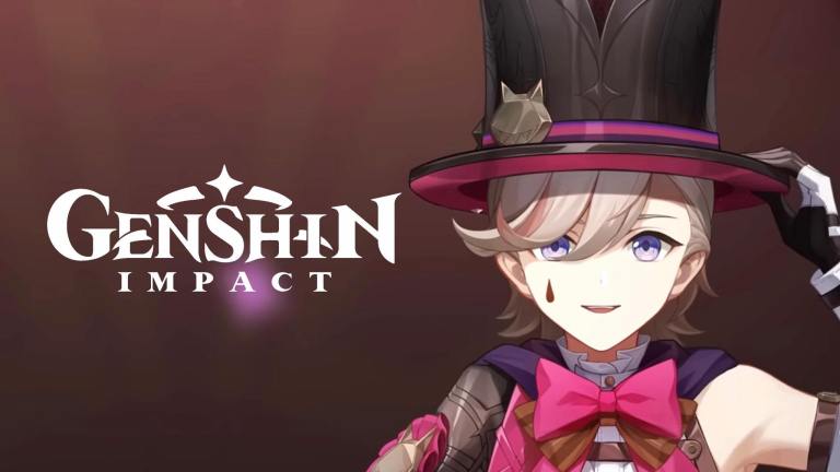 Lyney grinning while holding his top hat and standing next to the Genshin Impac t logo.