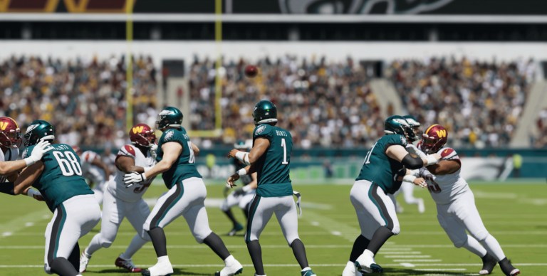 Jalen Hurts and the Philadelphia Eagles in Madden 24 up against the Washington Commanders.