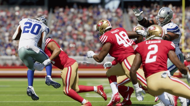 Dallas Cowboys' Tony Pollard gets tackled in Madden 24 against the San Francisco 49ers.