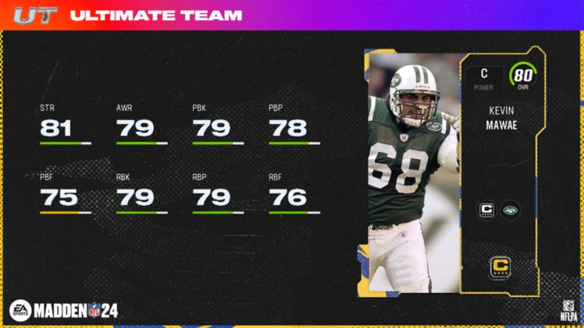 The Madden 24 Kevin Mawae Team Captain card and its stats.