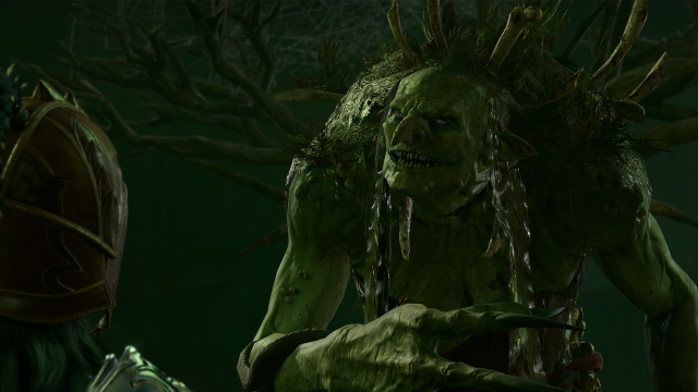 A hideous swamp witch gestures to a character in Baldur's Gate 3.