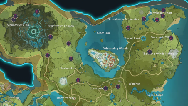 A map of Mondstadt with the Time Trials marked.