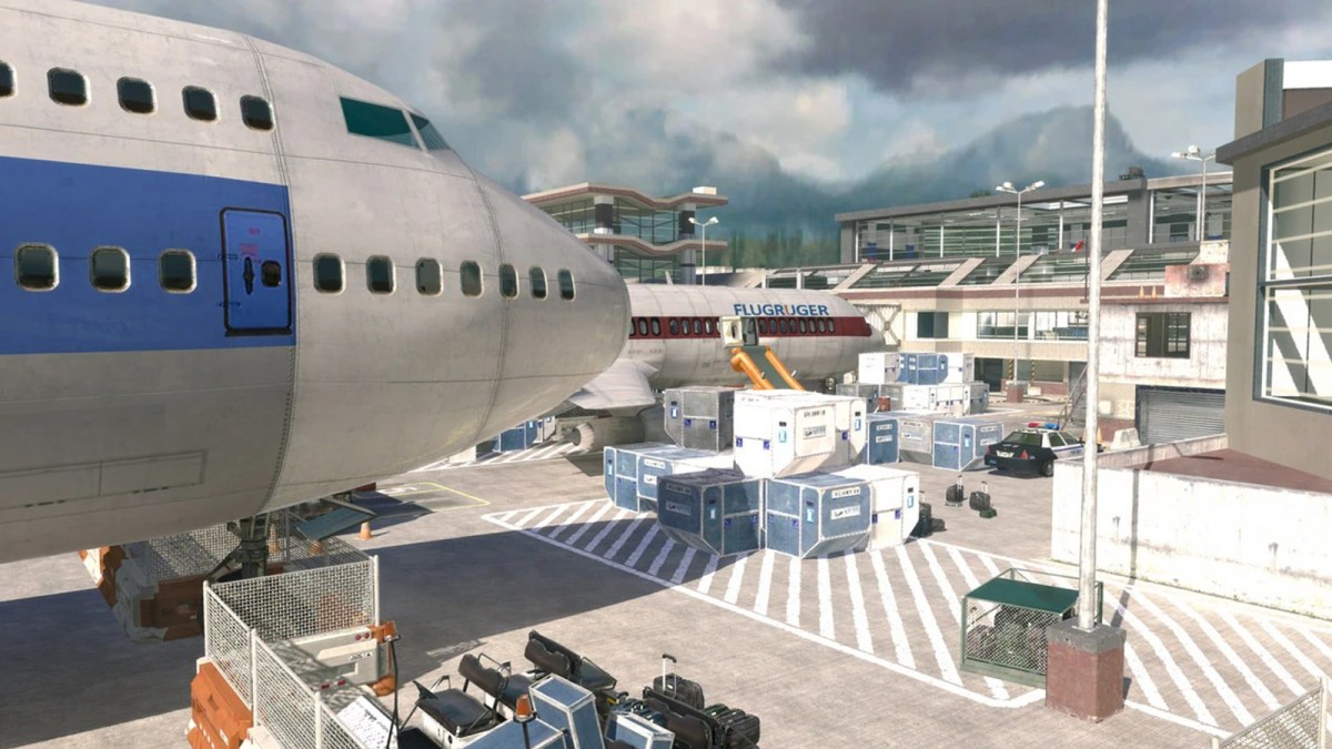 Terminal from Modern Warfare 2m with a large blue and white plane sitting in front of an airport.