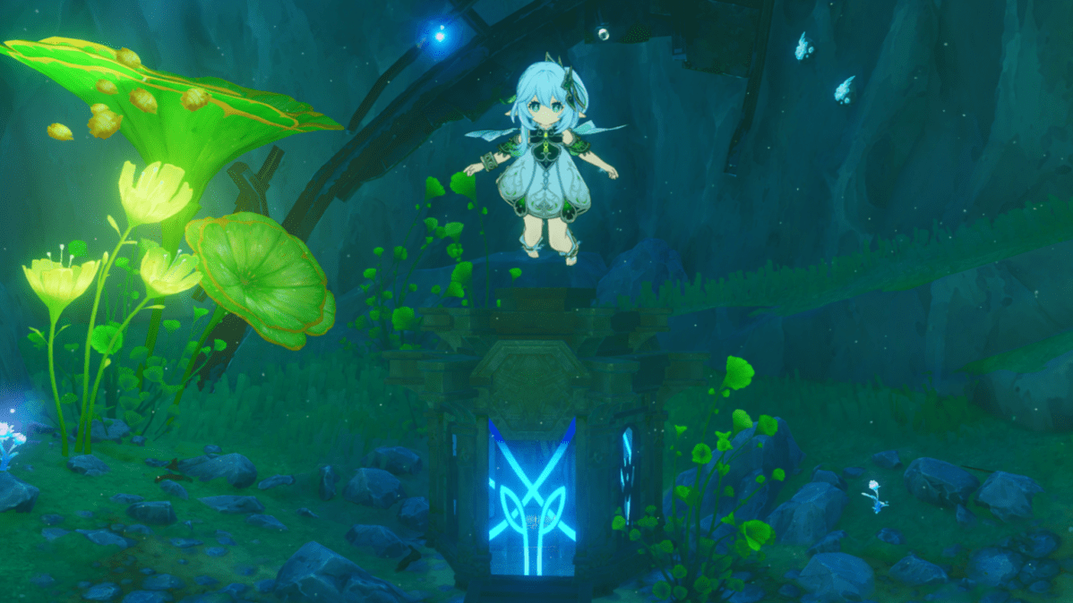 Nahida floating underwater above a Fontaine Shrine of Depths.