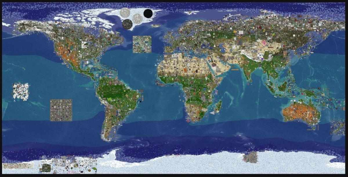 An overhead map of New Earth in Minecraft, by RTGame and the community.