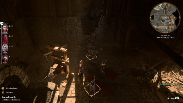 A group of adventurers stand before a collapsed wall in the ruins of a blacksmith's workshop. 