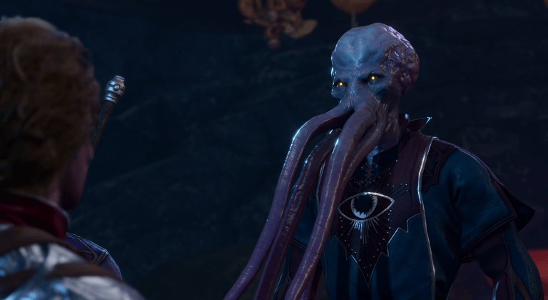 Omeluum, a Mind Flayer, looks forward with the tentacles from his octopus-like head stretching out.