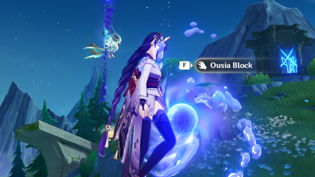 Raiden Shogun standing by an Ouisa Block.