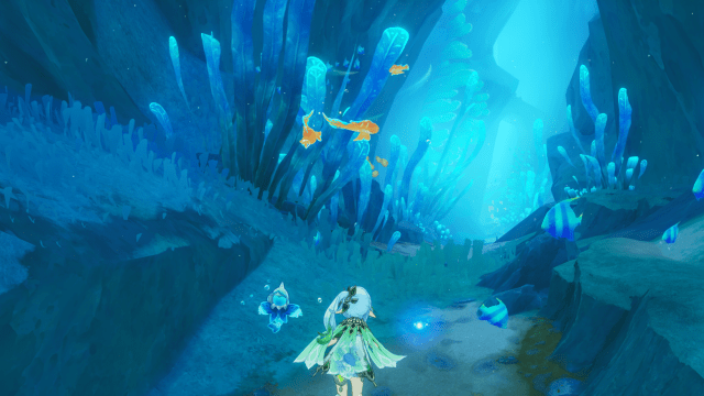 Nahida swimming underwater near a Recovery Orb group of orange fish. 