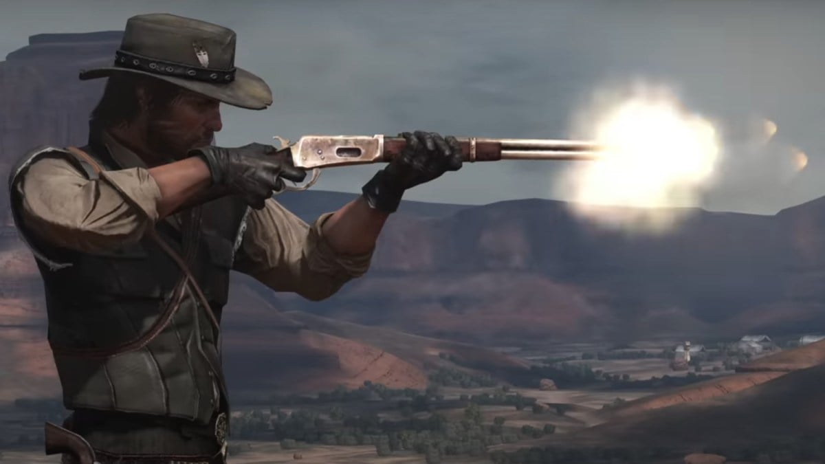 john marston shooting a repeater in red dead redemption. He's stood to the side and you can see the muzzle flash of the rifle