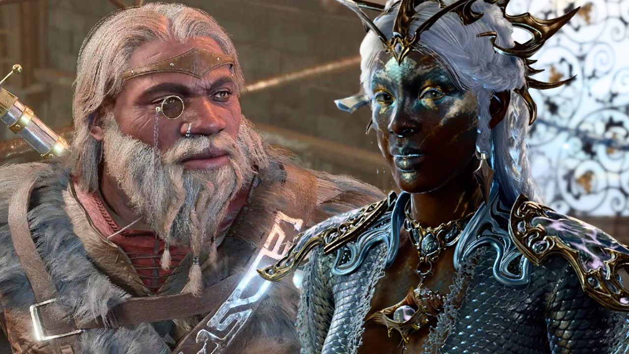 Redhammer, a man with a monocle and a beard, and Allandra, a woman with fins and silver armor in BG3