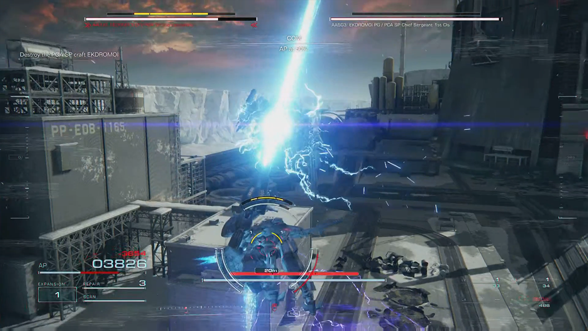 A mech is impaled on a blue shaft of light in Armored Core 6.