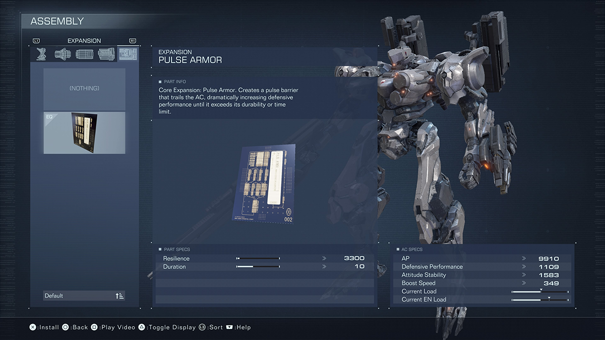 A menu screen for the Pulse Armor from Armored Core 6.