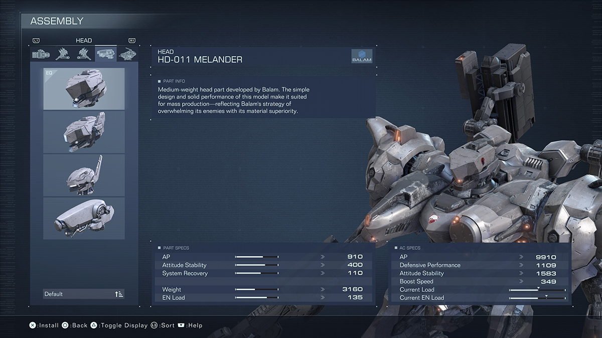 A menu screen for the HD-011 Melander from Armored Core 6.