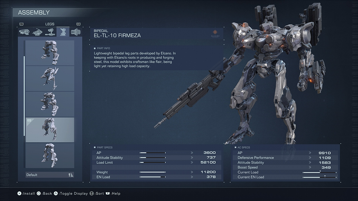 A menu screen for the EL-TL-10 Firmenza from Armored Core 6.