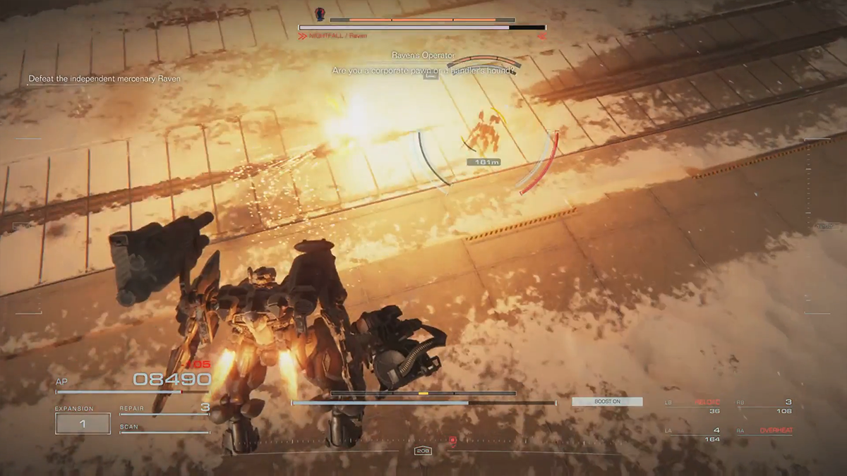 Two mechs do battle in Armored Core 6.