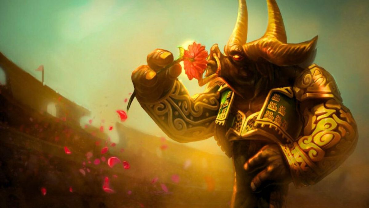 A golden bull sniffing a rose in a stadium in League of Legends