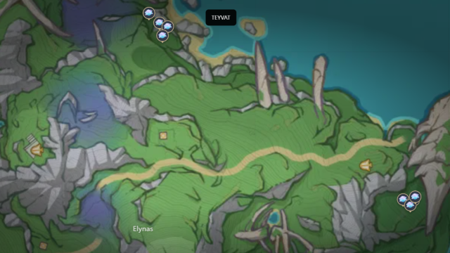 A map of the top of Elynas with Romaritime Flowers marked.