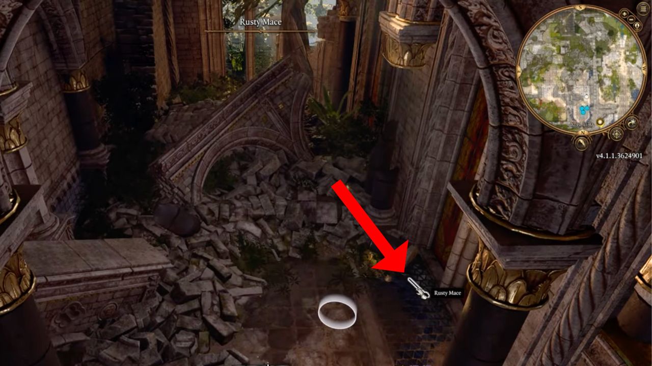 Red arrow pointing to a rusty mace on the ground for the stained glass puzzle in baldurs gate 3.