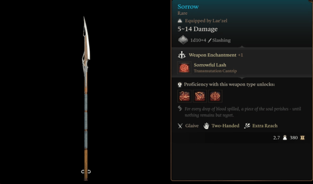 A screenshot of Sorrow, the glaive inside Hidden Vault, in Baldur's Gate 3.