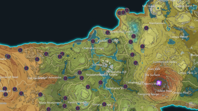 A map of Sumeru with the Time Trials marked.