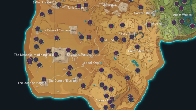 A map of Sumeru with the Time Trials marked. 