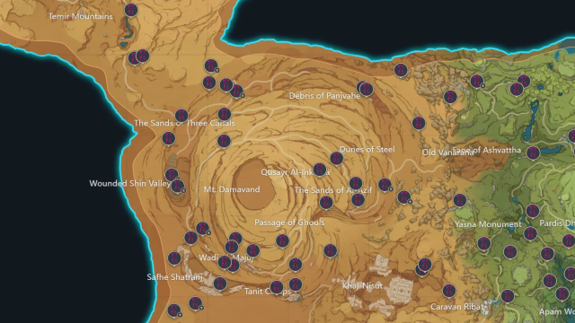 A map of Sumeru with the Time Trials marked. 